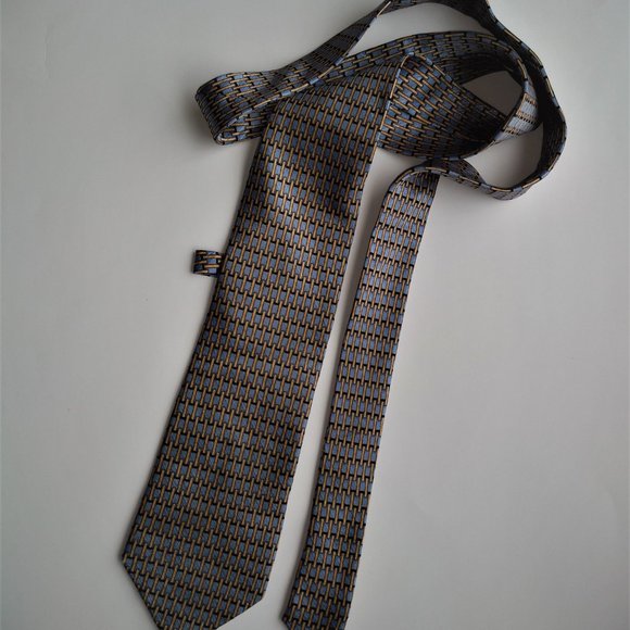 Carlo Ricci Blue, Yellow Gold & Black Rectangular Pattern 100% Silk Tie - Picture 2 of 5